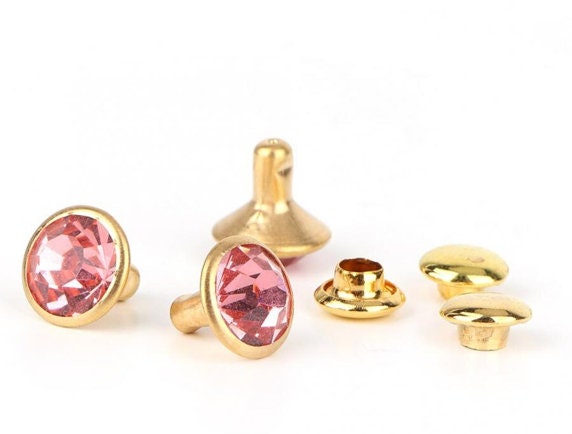 Light Rose Pink Rhinestone Rivets - 20 8mm Gold Post Crystal Rivets - Gem Rivets for leather