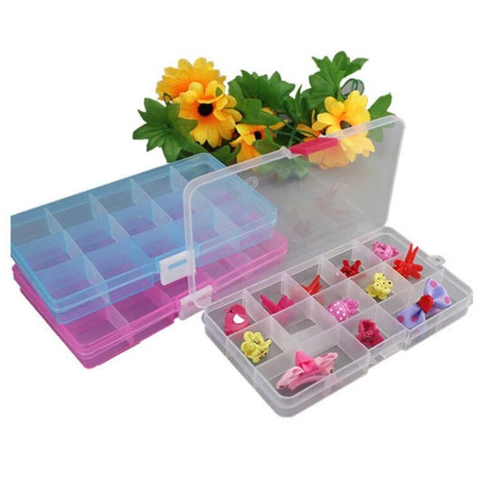 15 compartment adjustable box organizer for jewelry, beads, rivets, and trinkets