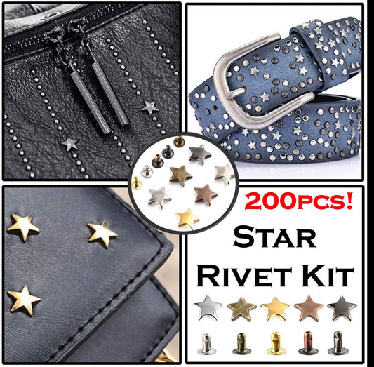Star Rivet Kit - 200pc Star Shaped Rivets for Leather, Clothes, Vinyl, and Tags