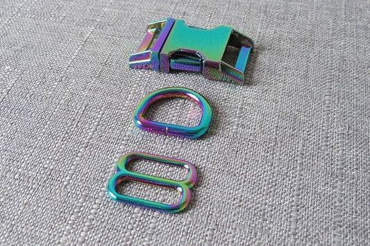 Rainbow Metal Buckle, Slide, and D-Ring 3pc dog collar hardware kit
