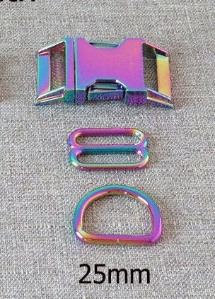 Rainbow Metal Buckle, Slide, and D-Ring 3pc dog collar hardware kit