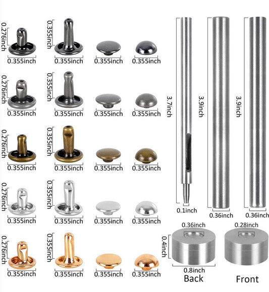 9mm Dome and Cap Rivet Kit - 480 sets mushroom and double cap rivets with rivet setting tools and carry case
