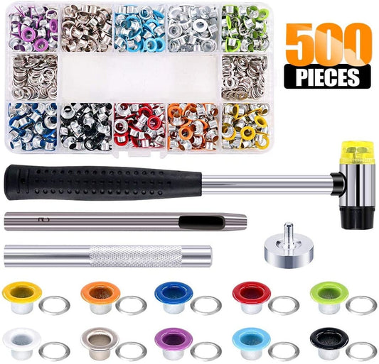 Colored Grommet Kit - 500pc 3/16" with hammer - 5mm Eyelets with Washers, Eyelet Setting Tools and Carry Case