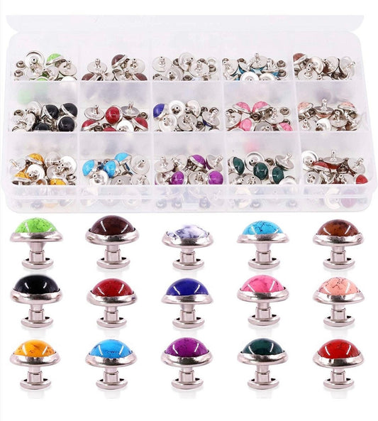 10mm Stone Rivet Kit - Dome Turquoise Rivet Kit - 150 sets dome cap rivets with hole punch and carry case