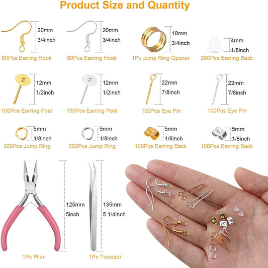 Earring Making Kit - 1560pc earring kit with tools - Eye Pins - Earring Hooks - Earring Backs - Jump Rings - Great starter kit for Jewelry