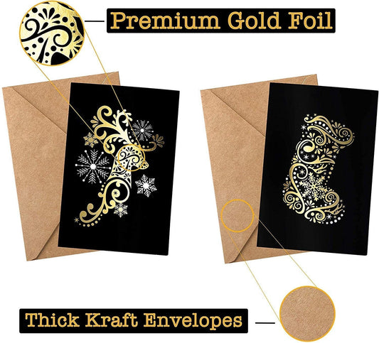 Christmas Cards - 24ct Holiday Greeting Cards - Gold Foil Card Set and Kraft Paper Envelopes - Blank interior