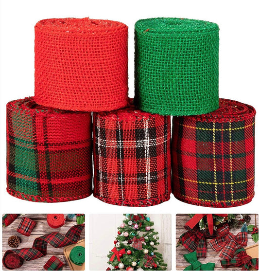 Christmas Wired Ribbon Set - 2.5” Mesh Burlap Eco Friendly Plaid Winter Ribbon for Wreaths, Gifts, Decor, and Crafts 2.5” x 5 yards