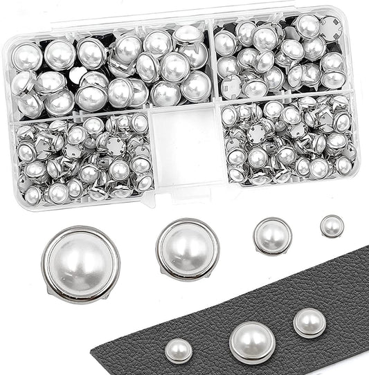 White Pearl Stud Kit - 140pc Nail head Pearl Rivets - Dome Round Spot Pearls - Prong Rivets - 6mm - 8mm Half Pearls