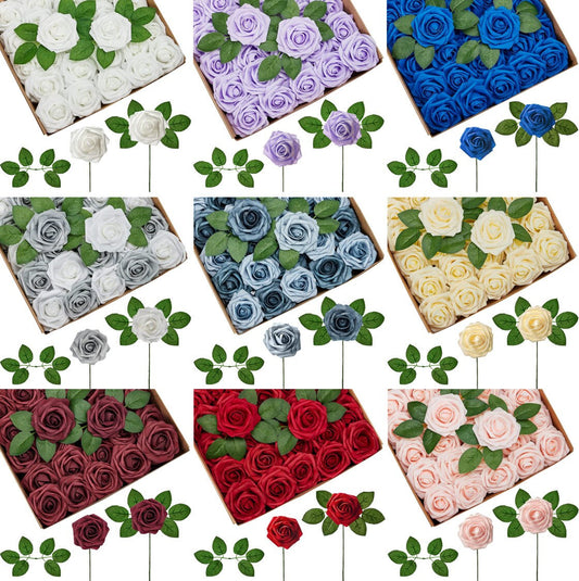 Artificial Roses - 50ct Latex Foam Roses with Wire Stem - Great for Wedding Bouquet Decor Centerpieces Bridal Shower Party Decoration