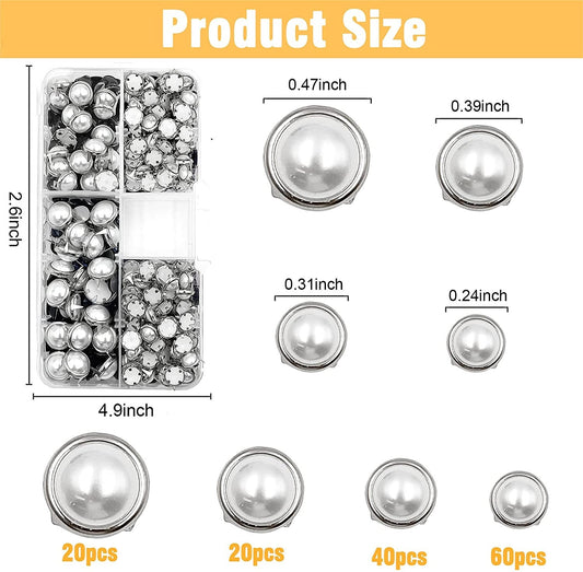 White Pearl Stud Kit - 140pc Nail head Pearl Rivets - Dome Round Spot Pearls - Prong Rivets - 6mm - 8mm Half Pearls