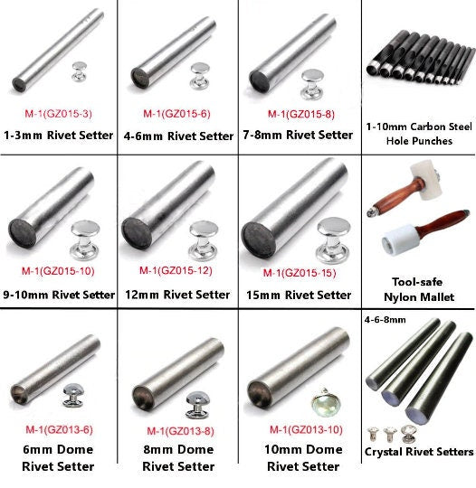Cap Rivet Setter - Eyelet Grommet Setter - 4-5-6-8-10-12-15mmsizes with hole punch, awl, and mallet options