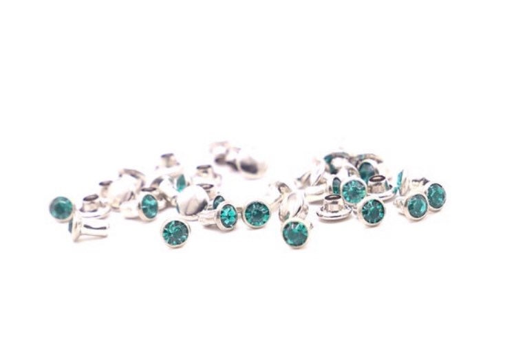 Teal Rhinestone Rivets - 4mm Teal Crystal Rivets - Gem Rivets for Leather - Fast Shipping