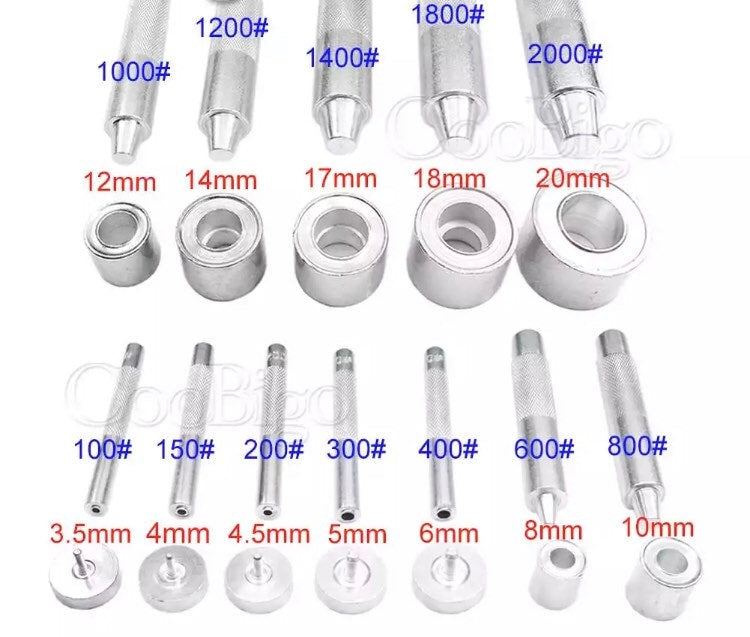 Cap Rivet Setter - Eyelet Grommet Setter - 4-5-6-8-10-12-15mmsizes with hole punch, awl, and mallet options