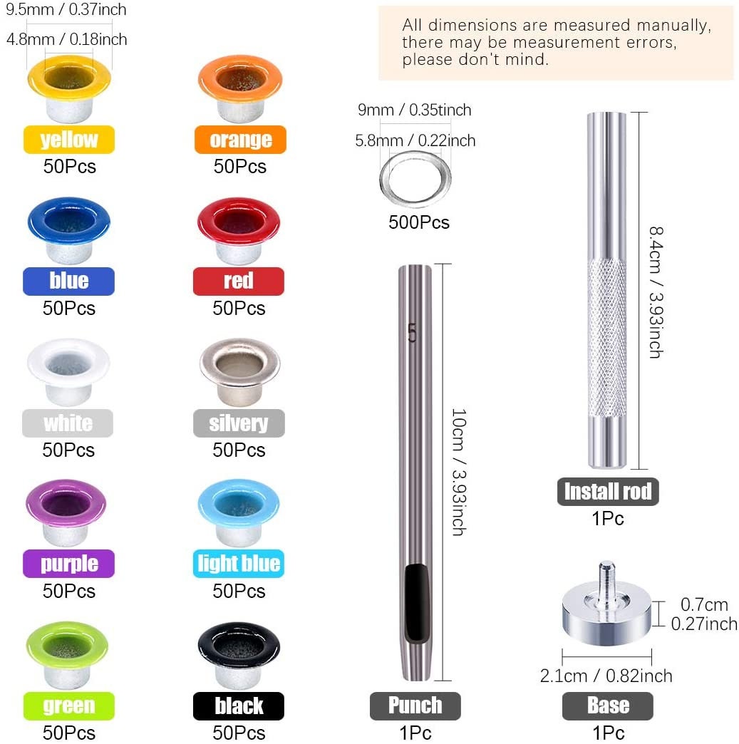 Colored Grommet Kit - 500pc 3/16" with hammer - 5mm Eyelets with Washers, Eyelet Setting Tools and Carry Case