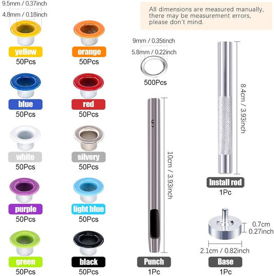 Colored Grommet Kit - 500pc 3/16" with hammer - 5mm Eyelets with Washers, Eyelet Setting Tools and Carry Case