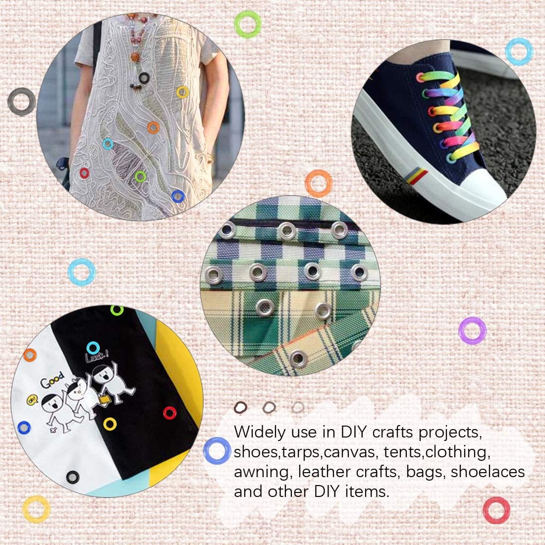 Colored Grommet Kit - 500pc 3/16" with hammer - 5mm Eyelets with Washers, Eyelet Setting Tools and Carry Case