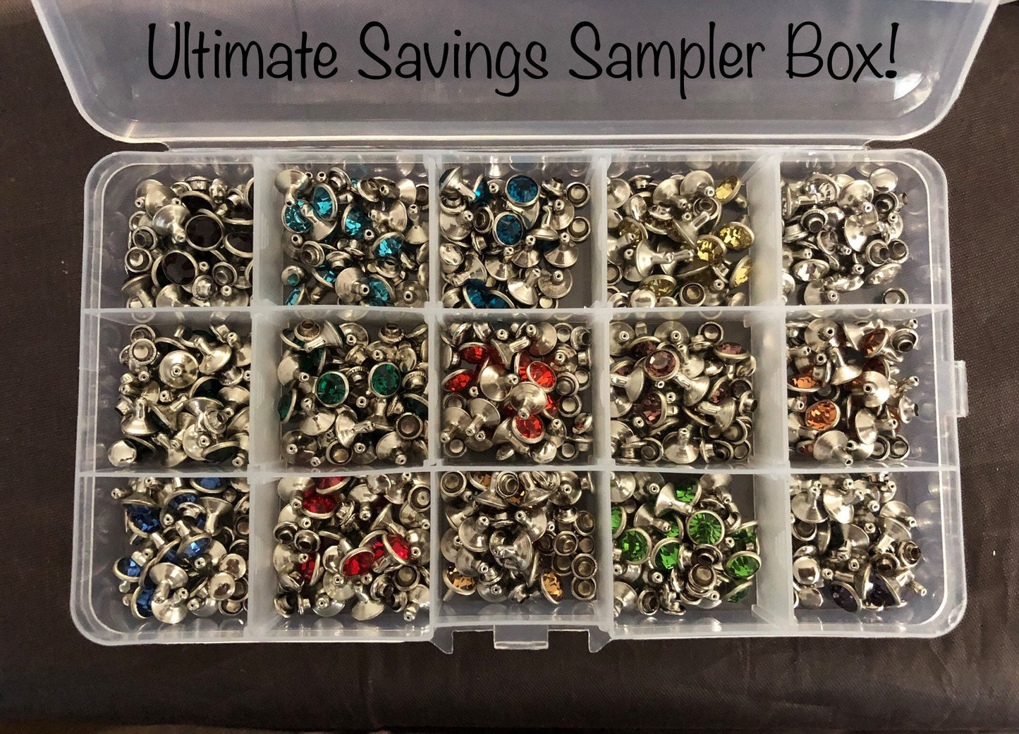 Crystal Rivet Sampler Box - Bulk Savings 300 Crystal Rivets with carry case - 50% markdown from retail value!