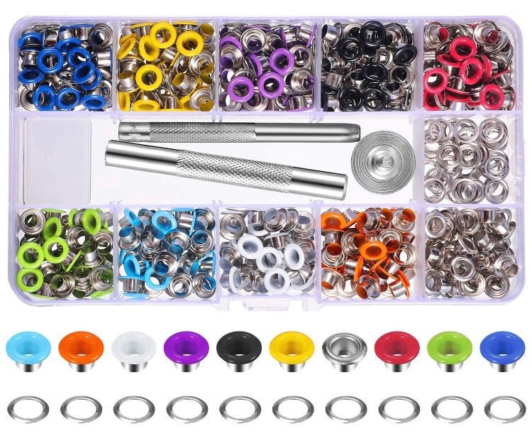 Colored Grommet Kit - 400pc 3/16" 5mm Eyelets with Washers, Eyelet Setting Hand Tools and Carry Case