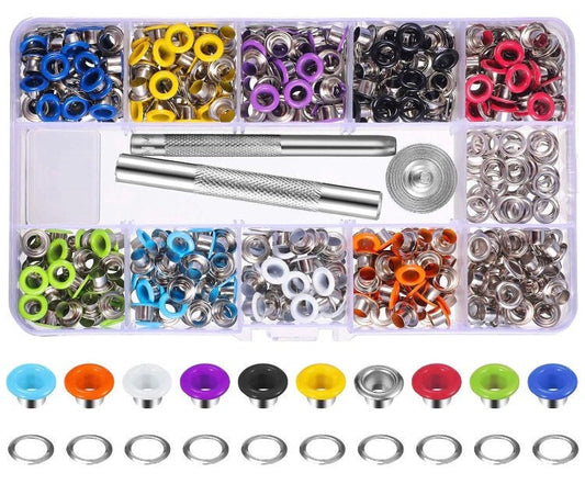 Colored Grommet Kit - 400pc 3/16" 5mm Eyelets with Washers, Eyelet Setting Hand Tools and Carry Case