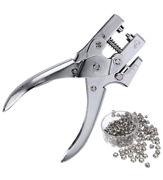 Eyelet pliers and hole punch tool with 100 self backing 3/16” grommets