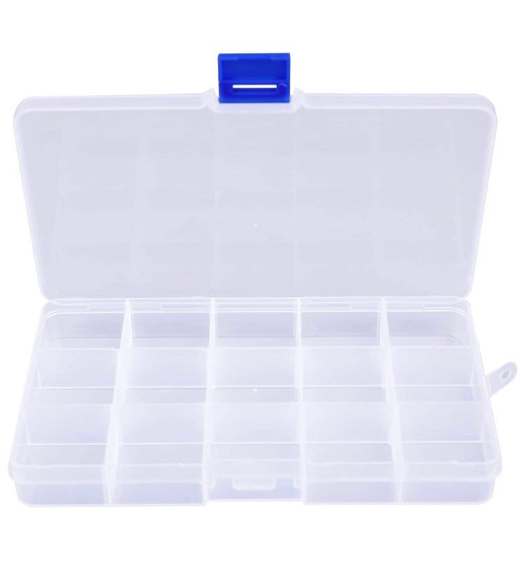 15 compartment adjustable box organizer for jewelry, beads, rivets, and trinkets