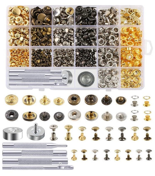 400pc hardware starter kit with grommets, rivets, snaps, screws and tools
