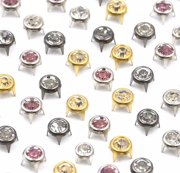 Rhinestone claw rivets - 6mm 7mm 10mm Crystal spike prong rivets - Crystal Rhinestone Round Spots