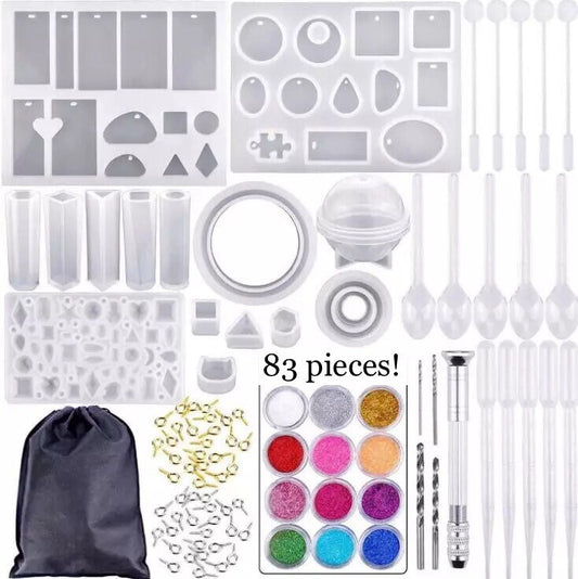 83pc Resin Jewelry Starter Kit - Pendant, Bracelet Charm, Sphere Silicone Mold Resin Starter Kit with Glitter, Tools, and Hardware!