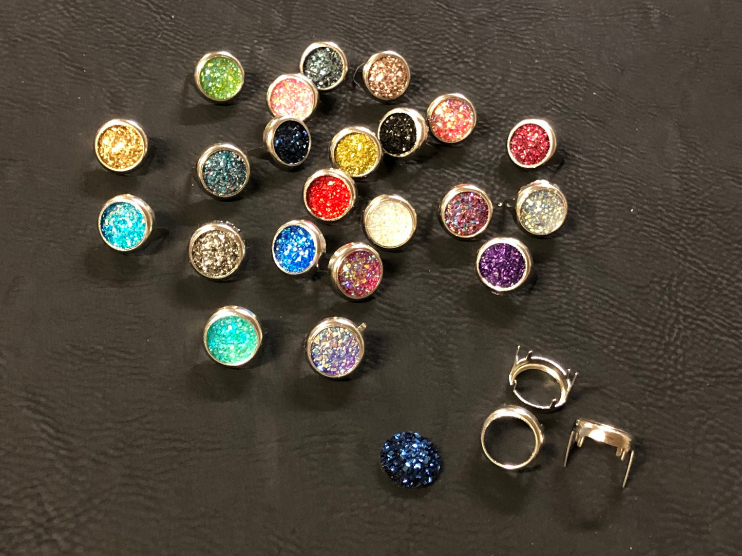 New 12mm Drusy Crystals with rim sets - 48ss Crystal Rim Sets and Drusy Crystals Silver and Gold Post Options - NEW ITEM only found here!