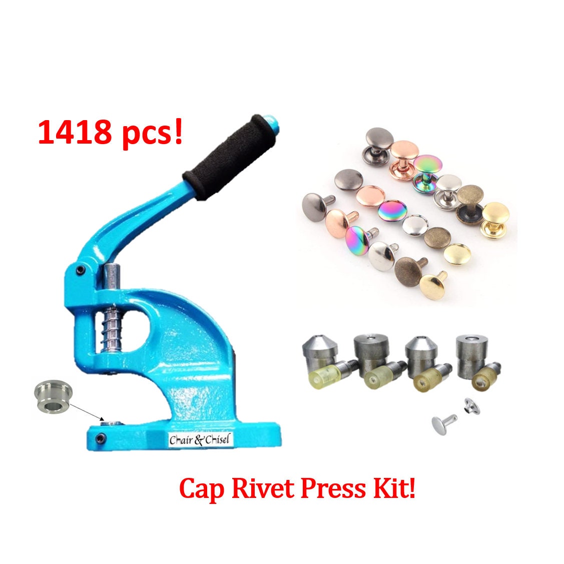 Cap Rivet Hand Press Starter Kit with dies and Double Cap RIvets - over 1400pcs!