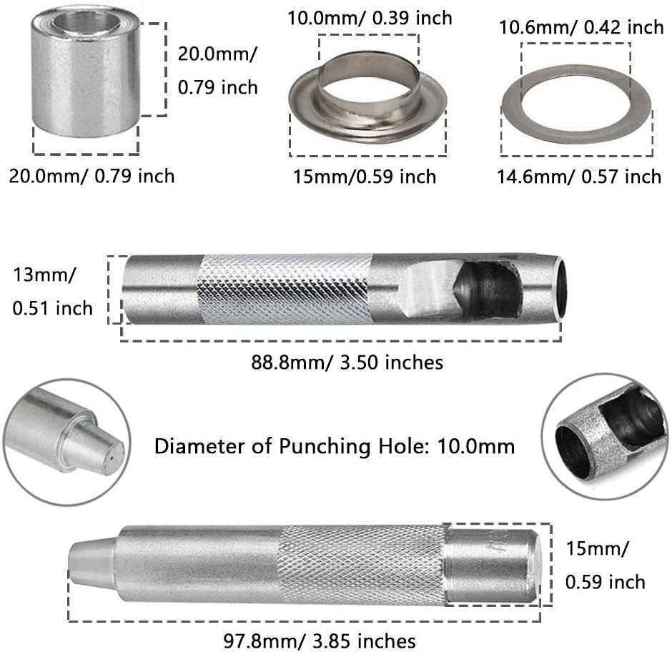 Metal Grommet Kit - 120pc 3/8" 10mm Eyelets with Washers, Eyelet Setting Tools and Carry Case