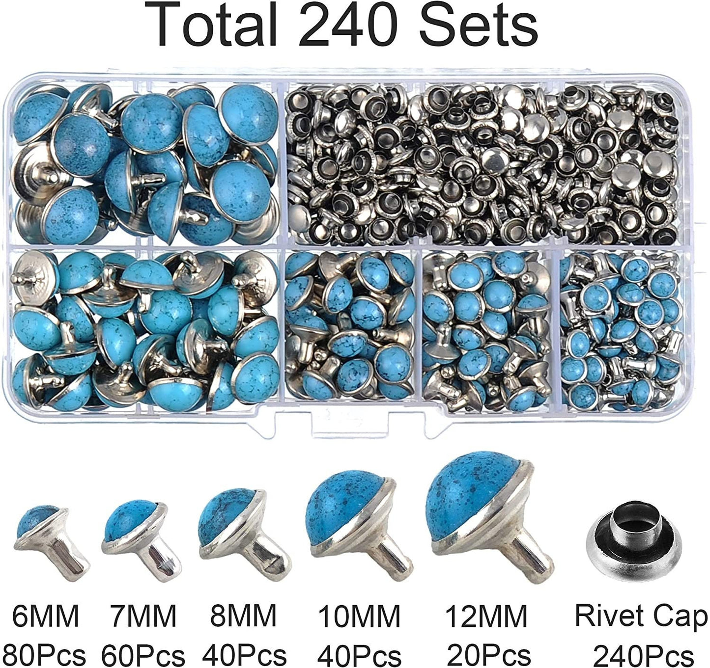 Turquoise Stone Rivet Kit - 240 sets Turquoise rivets with carry case