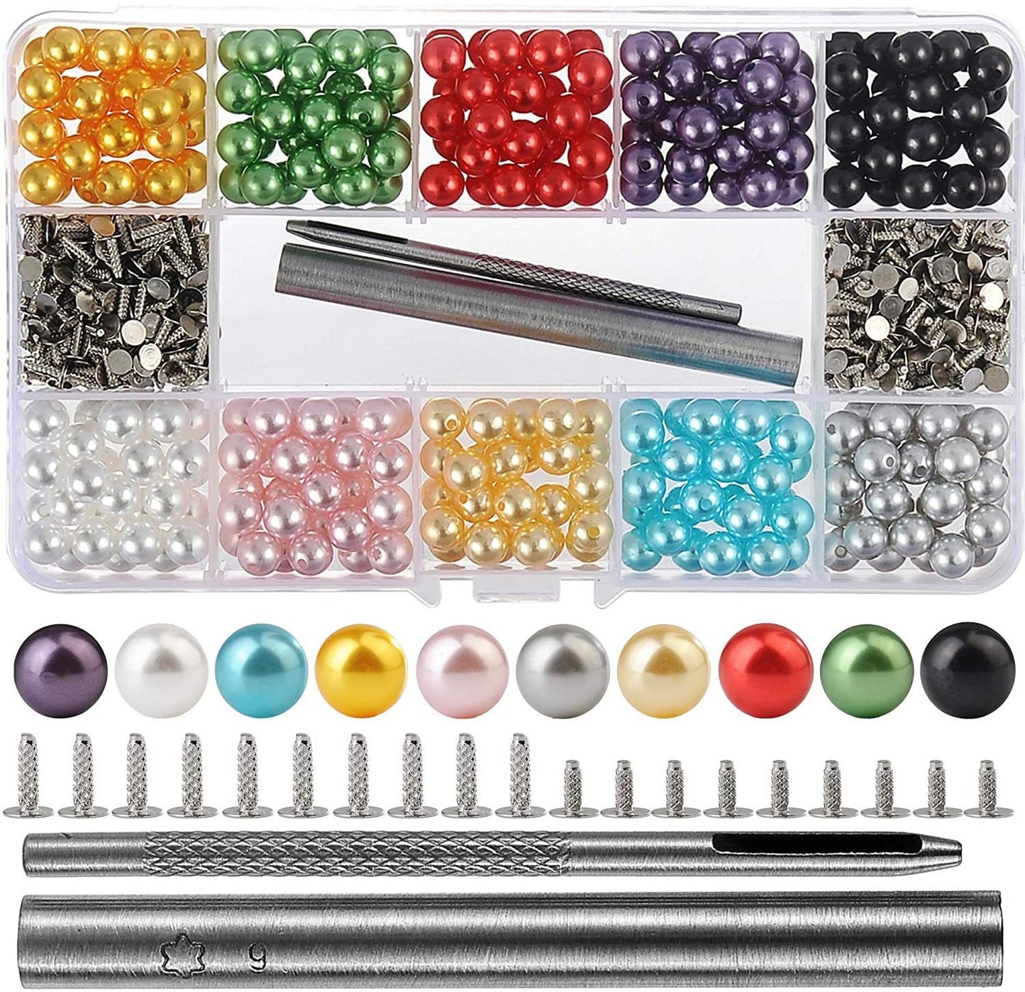 Round Pearl Rivets - Colorful Pin Pearl Kit with Tools for Clothing, Bridal, Knits, Crochets, Leather, and Cloth