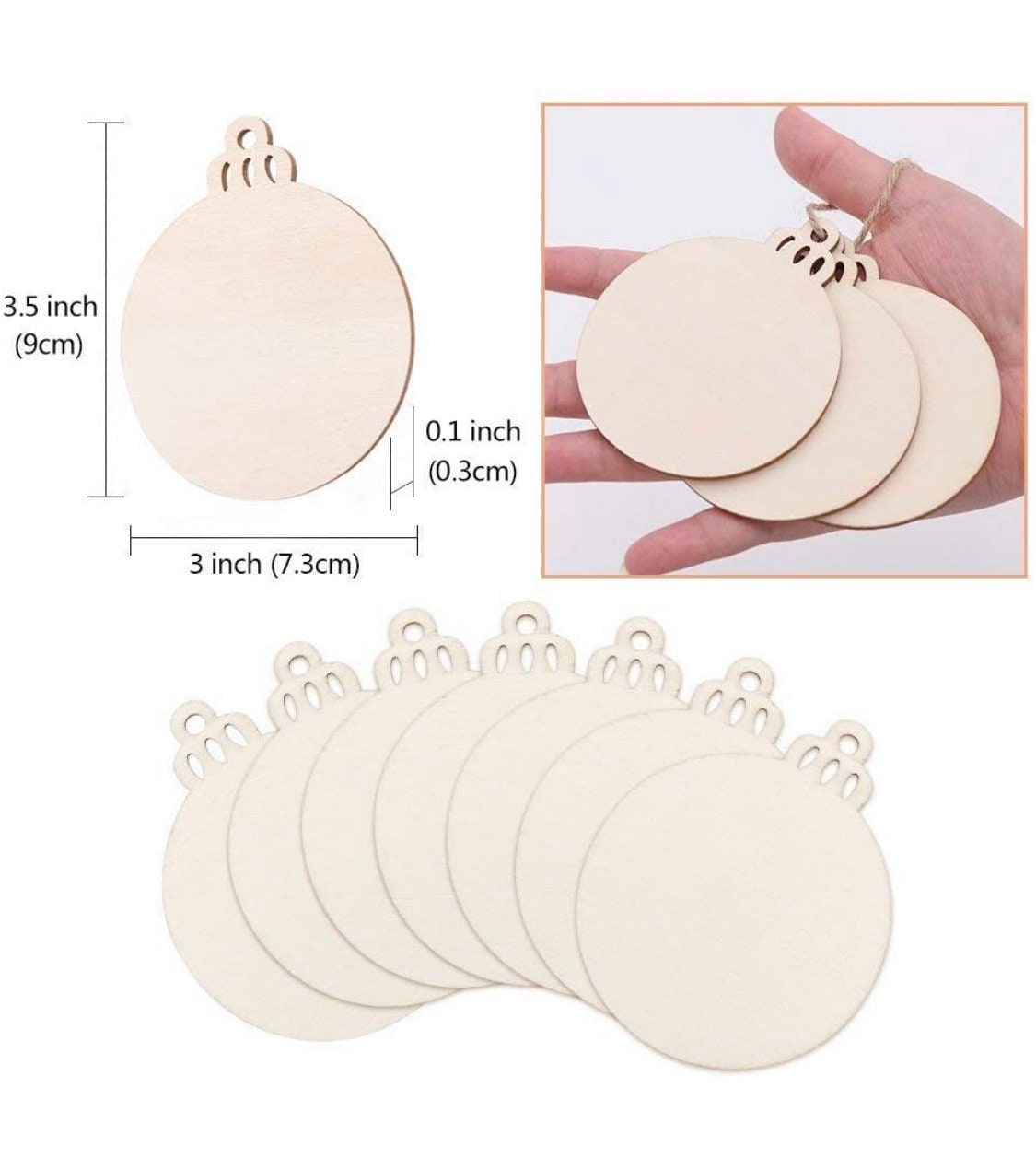 Wooden ornament blanks - predrilled holes - Great for Trees, Wreaths, Gifts, Decor, and Crafts 3.5”