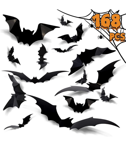 Bat Halloween Decorations - 3D Bats with Non marking tape for walls, hanging, Crafts and spider webs