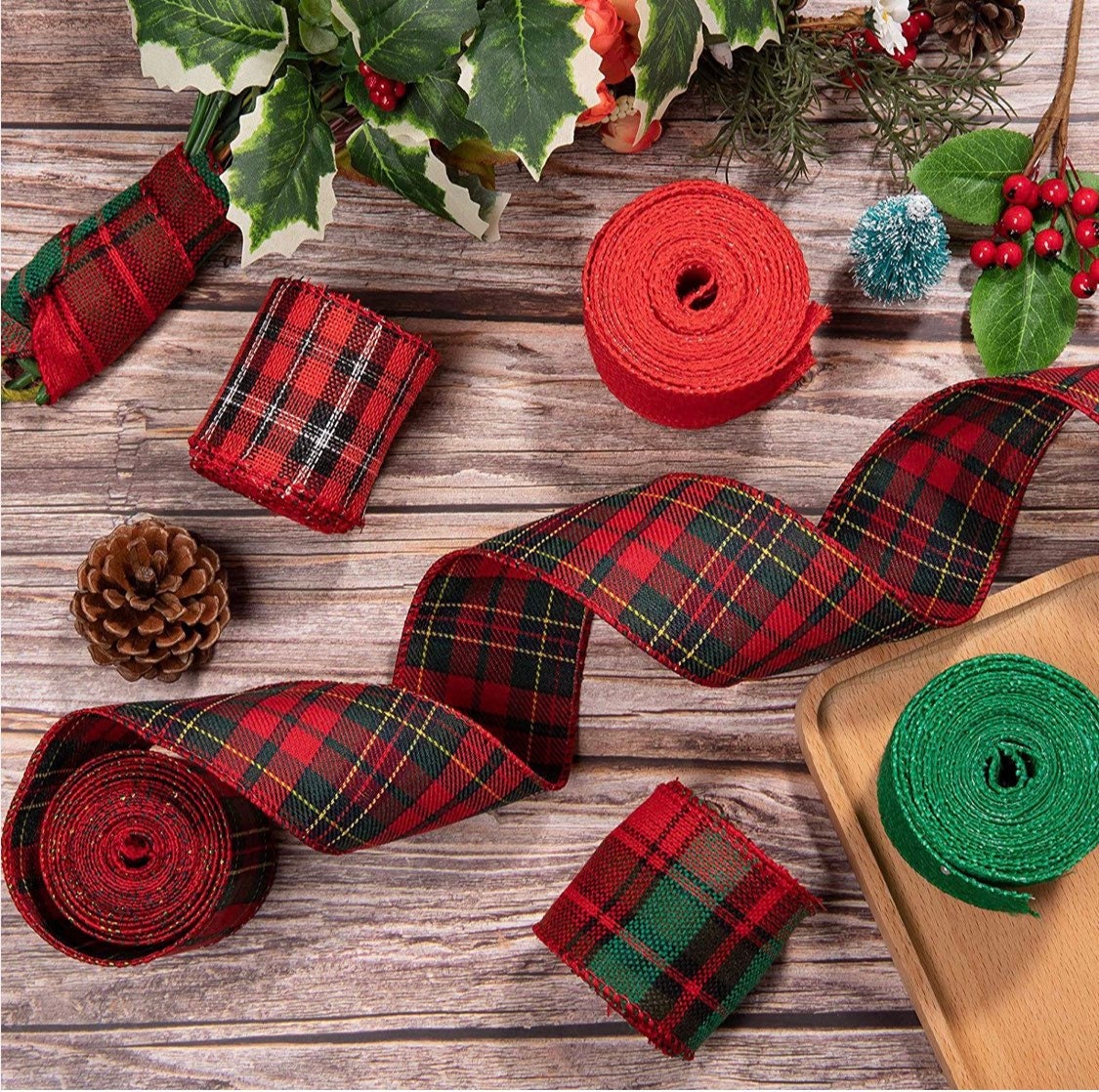 Christmas Wired Ribbon Set - 2.5” Mesh Burlap Eco Friendly Plaid Winter Ribbon for Wreaths, Gifts, Decor, and Crafts 2.5” x 5 yards