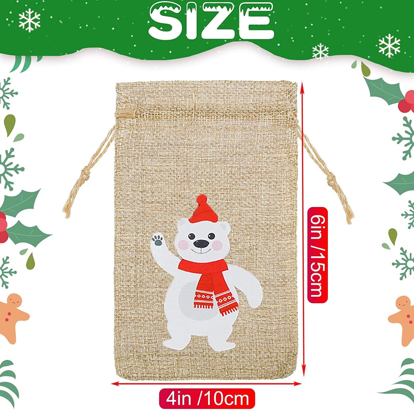 Christmas Gift Bags - 10ct Burlap Treat Bags - Drawstring Bags with Holiday Reindeer Snowman Gingerbread Santa Polar Bear Designs