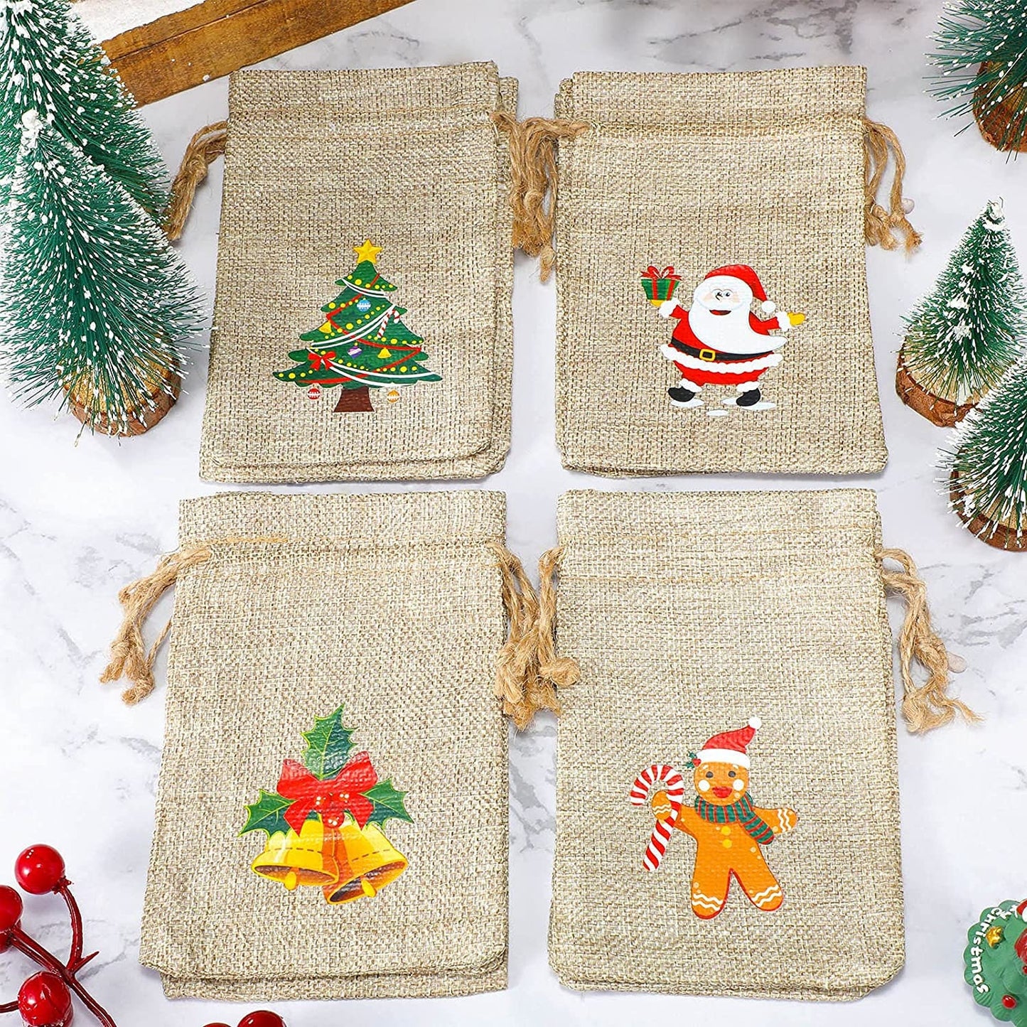 Christmas Gift Bags - 10ct Burlap Treat Bags - Drawstring Bags with Holiday Reindeer Snowman Gingerbread Santa Polar Bear Designs