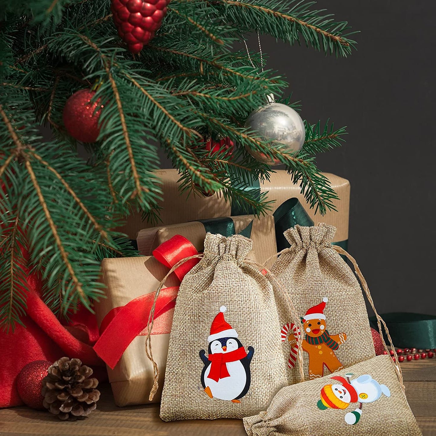 Christmas Gift Bags - 10ct Burlap Treat Bags - Drawstring Bags with Holiday Reindeer Snowman Gingerbread Santa Polar Bear Designs