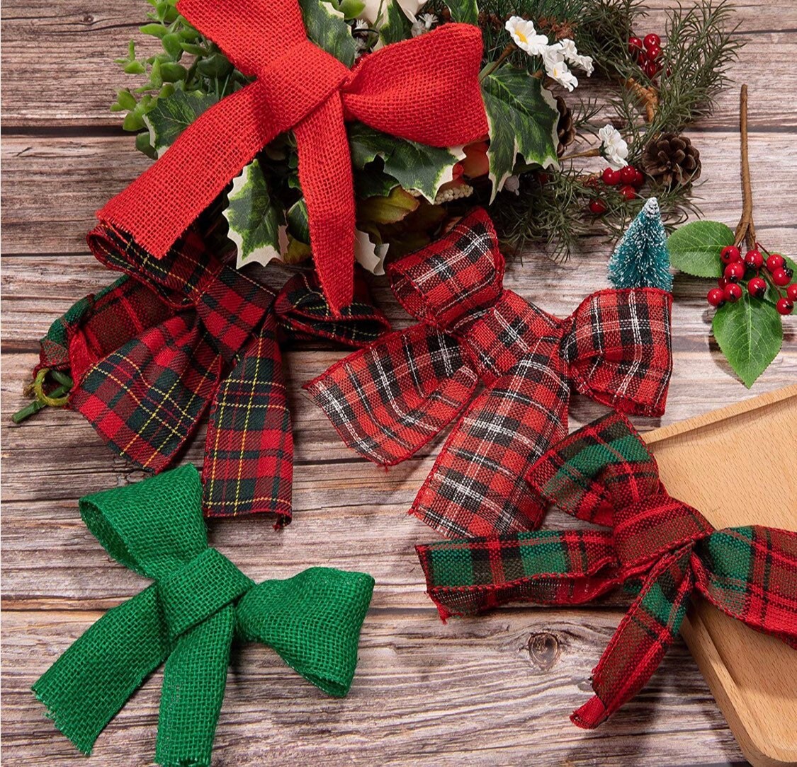 Christmas Wired Ribbon Set - 2.5” Mesh Burlap Eco Friendly Plaid Winter Ribbon for Wreaths, Gifts, Decor, and Crafts 2.5” x 5 yards