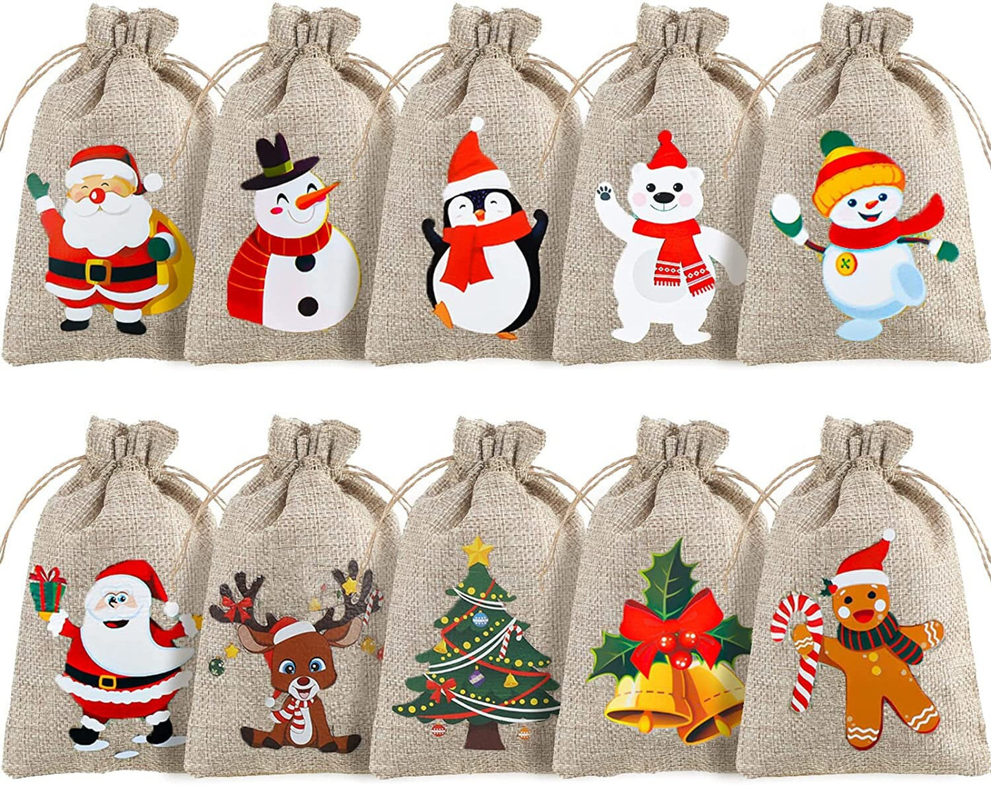 Christmas Gift Bags - 10ct Burlap Treat Bags - Drawstring Bags with Holiday Reindeer Snowman Gingerbread Santa Polar Bear Designs