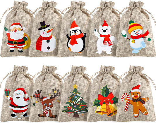 Christmas Gift Bags - 10ct Burlap Treat Bags - Drawstring Bags with Holiday Reindeer Snowman Gingerbread Santa Polar Bear Designs