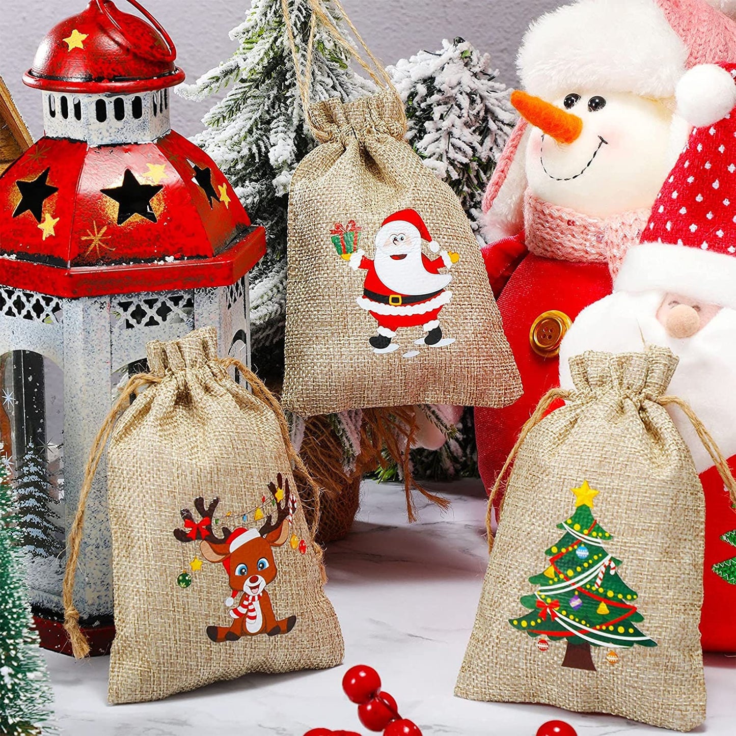 Christmas Gift Bags - 10ct Burlap Treat Bags - Drawstring Bags with Holiday Reindeer Snowman Gingerbread Santa Polar Bear Designs