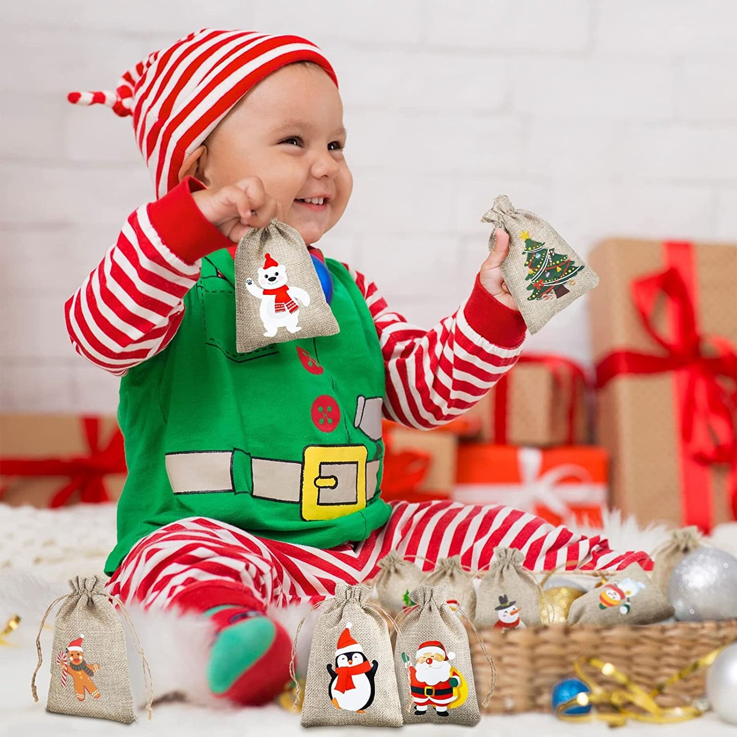 Christmas Gift Bags - 10ct Burlap Treat Bags - Drawstring Bags with Holiday Reindeer Snowman Gingerbread Santa Polar Bear Designs