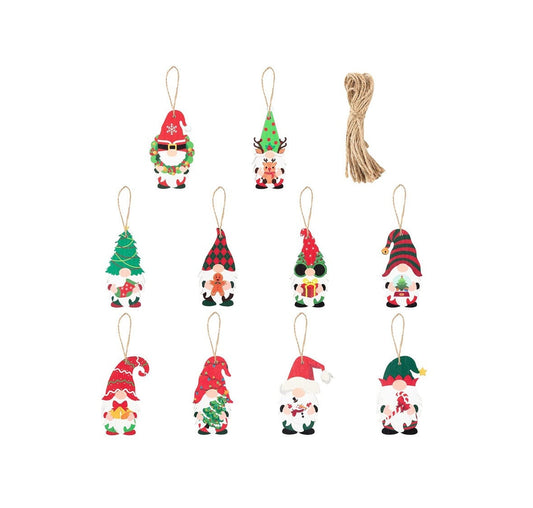 Wooden Gnome Ornament Gift Tags - 10ct gnomes with predrilled holes and twine - Great for Trees, Wreaths, Gifts, Decor, and Crafts