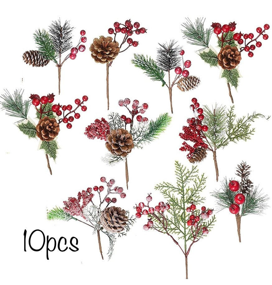 Pine Bough Assortment - 10ct Christmas stems - Large Pine Snow Berry Boughs - Winter Stems