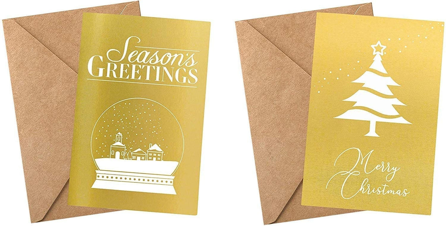 Christmas Cards - 24ct Holiday Greeting Cards - Gold Foil Card Set and Kraft Paper Envelopes - Blank interior