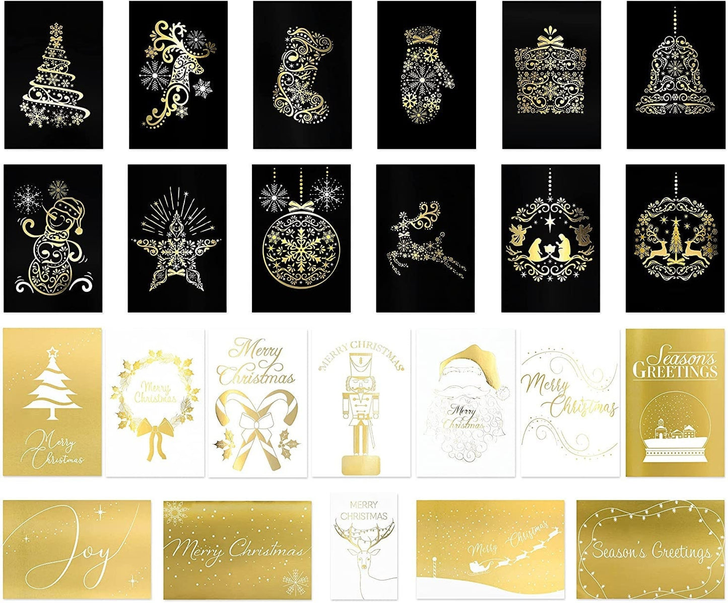 Christmas Cards - 24ct Holiday Greeting Cards - Gold Foil Card Set and Kraft Paper Envelopes - Blank interior