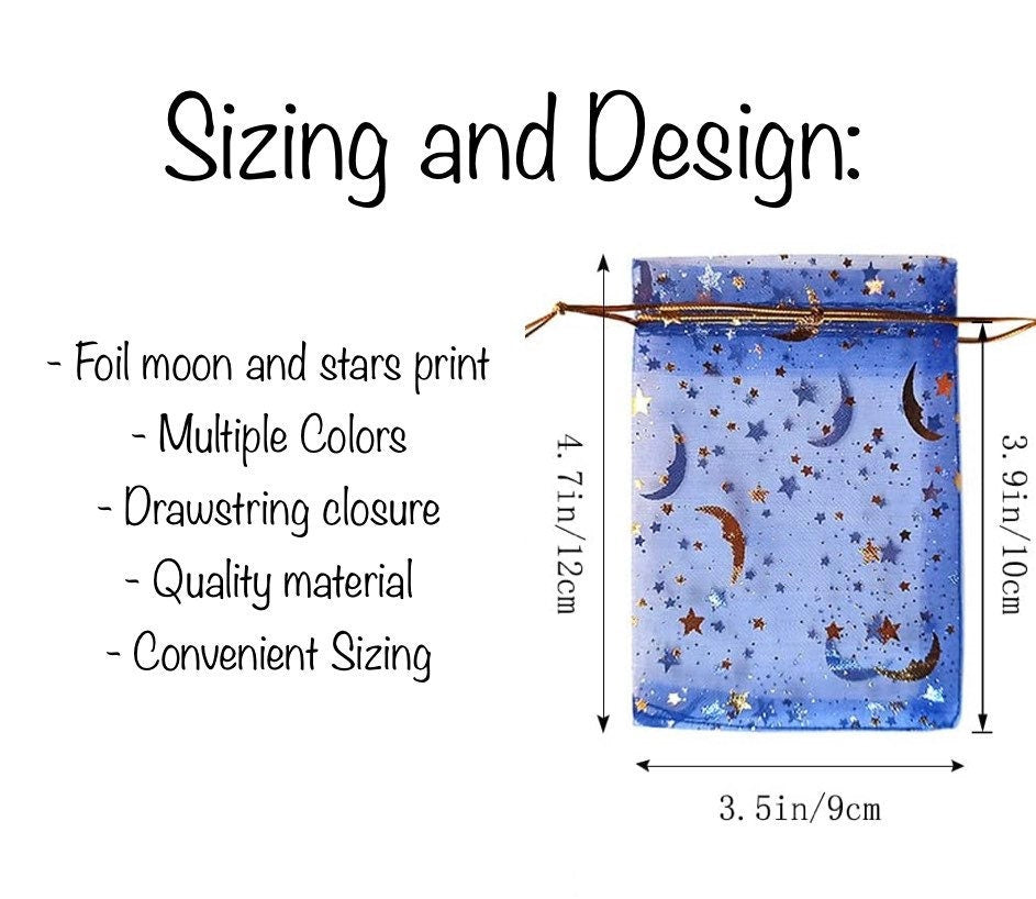Organza Bags | Moon and Stars Foil Drawstring Product Bags | Wedding Favor Bags | Foil Print Bags | Treat Bags | Sachet Bags