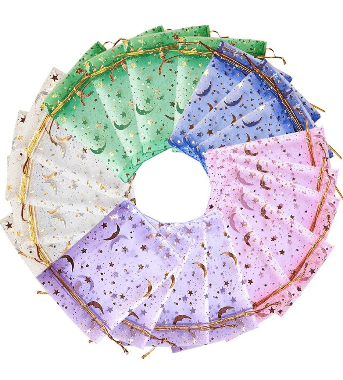 Organza Bags | Moon and Stars Foil Drawstring Product Bags | Wedding Favor Bags | Foil Print Bags | Treat Bags | Sachet Bags